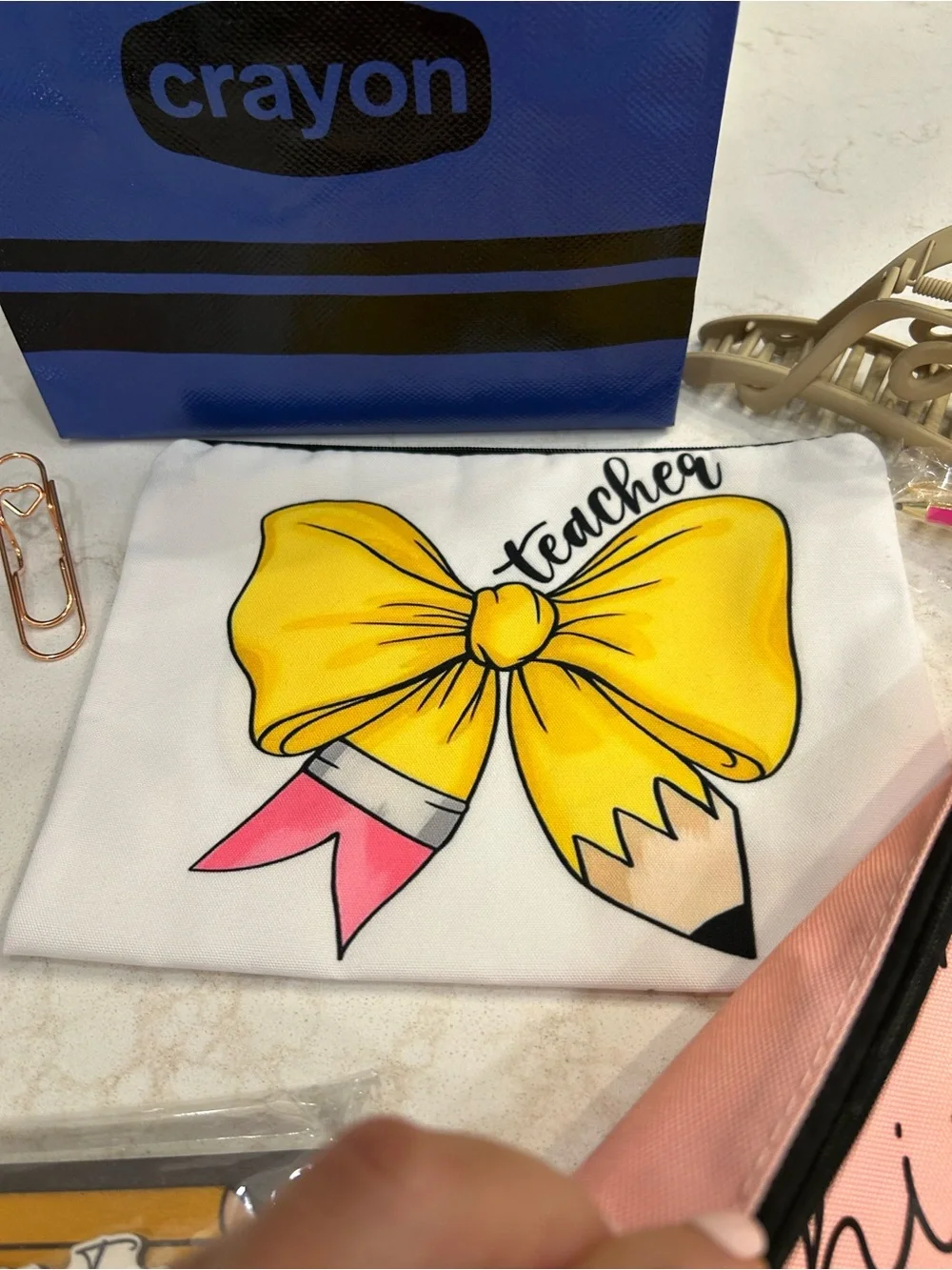 Crayon Blue Kids Tote with Pink 'Teacher Things' Pouch and School Accessories